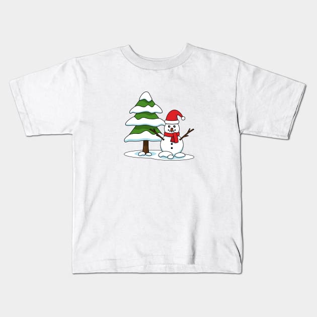 Snowman with Snowy Pine Tree Kids T-Shirt by BirdAtWork